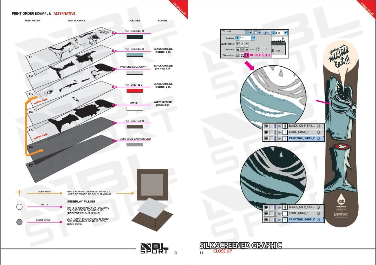 Print order example - silk-screen layers, Pantone colours, bleeds