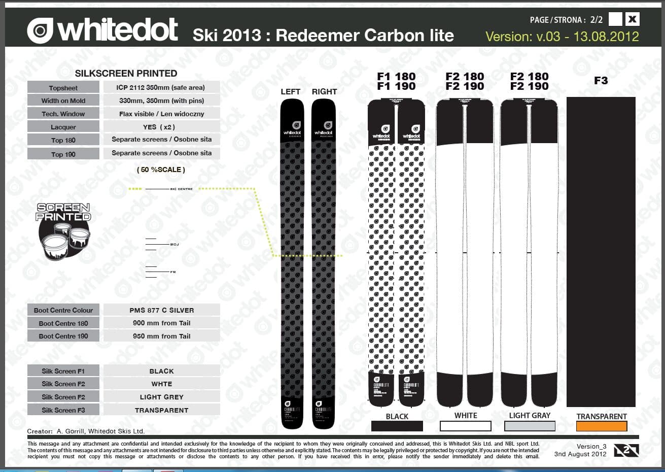 White Dot Redeemer Carbon Lite ski - silk-screen print breakdown
