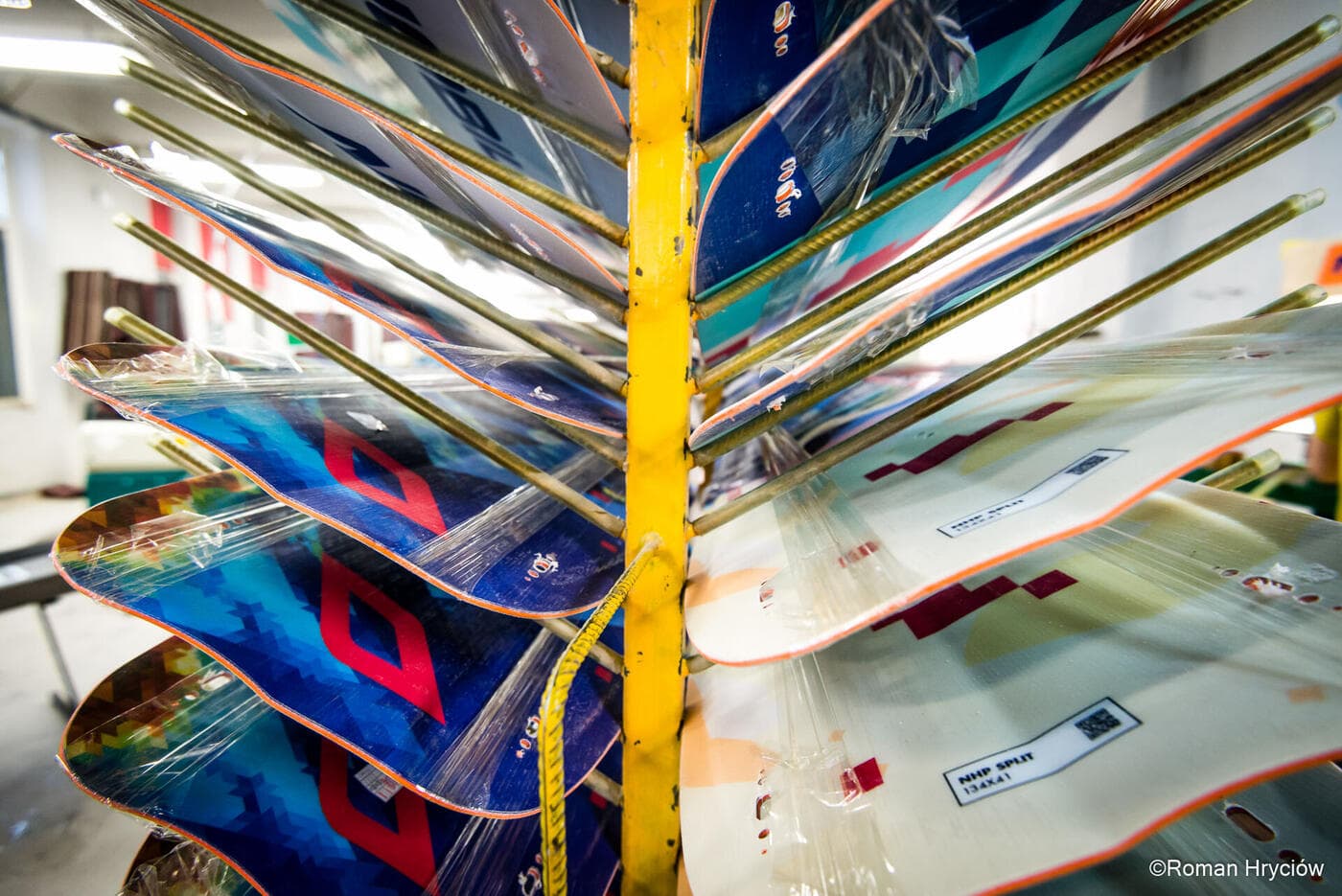 Finished skis racked and wrapped for shipping