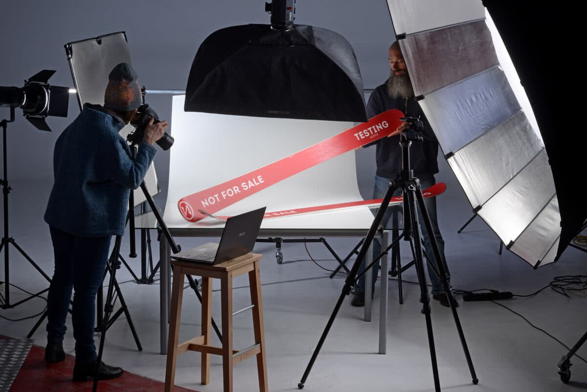 Product photography - a test ski being shot in studio