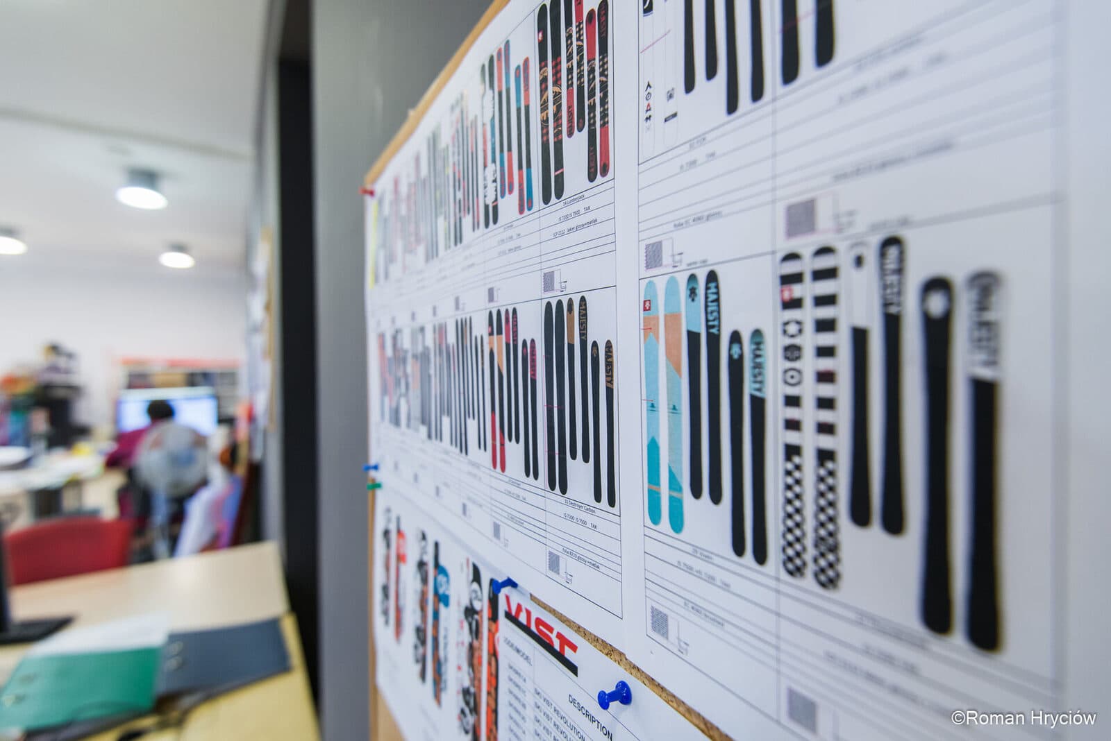 Design review wall - ski graphics pinned up for approval